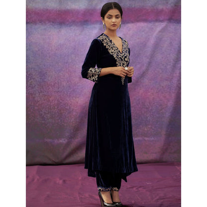 DEEPTHEE Navy Blue Hand Embroidered A-Line Kurta with Pant & Dupatta (Set of 3)