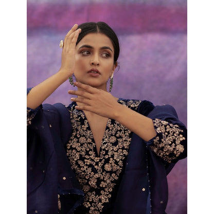 DEEPTHEE Navy Blue Hand Embroidered A-Line Kurta with Pant & Dupatta (Set of 3)