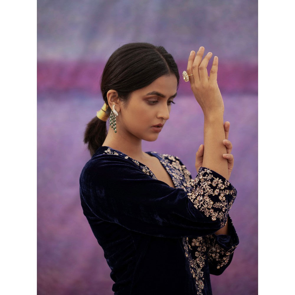 DEEPTHEE Navy Blue Hand Embroidered A-Line Kurta with Pant & Dupatta (Set of 3)