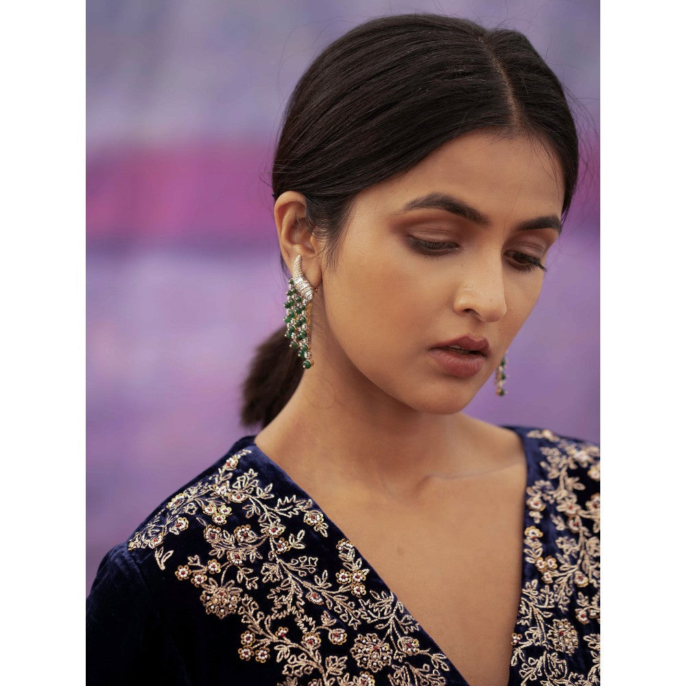 DEEPTHEE Navy Blue Hand Embroidered A-Line Kurta with Pant & Dupatta (Set of 3)