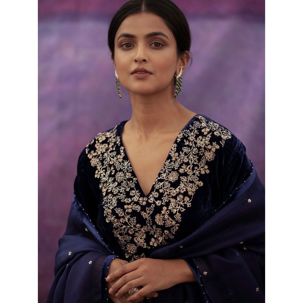 DEEPTHEE Navy Blue Hand Embroidered A-Line Kurta with Pant & Dupatta (Set of 3)