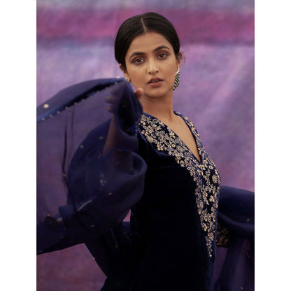 DEEPTHEE Navy Blue Hand Embroidered A-Line Kurta with Pant & Dupatta (Set of 3)