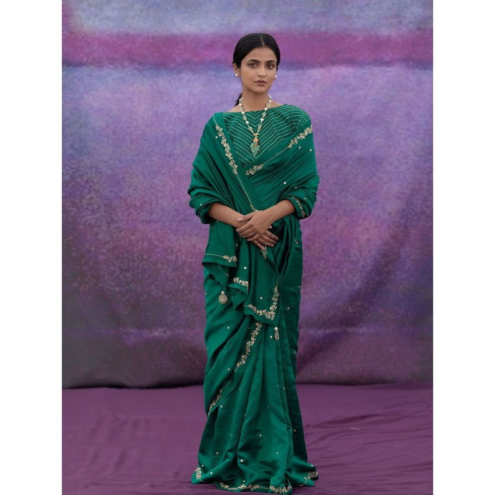 DEEPTHEE Green Signature Style Border Hand Embroidered Saree with Stitched Blouse