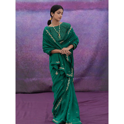 DEEPTHEE Green Signature Style Border Hand Embroidered Saree with Stitched Blouse