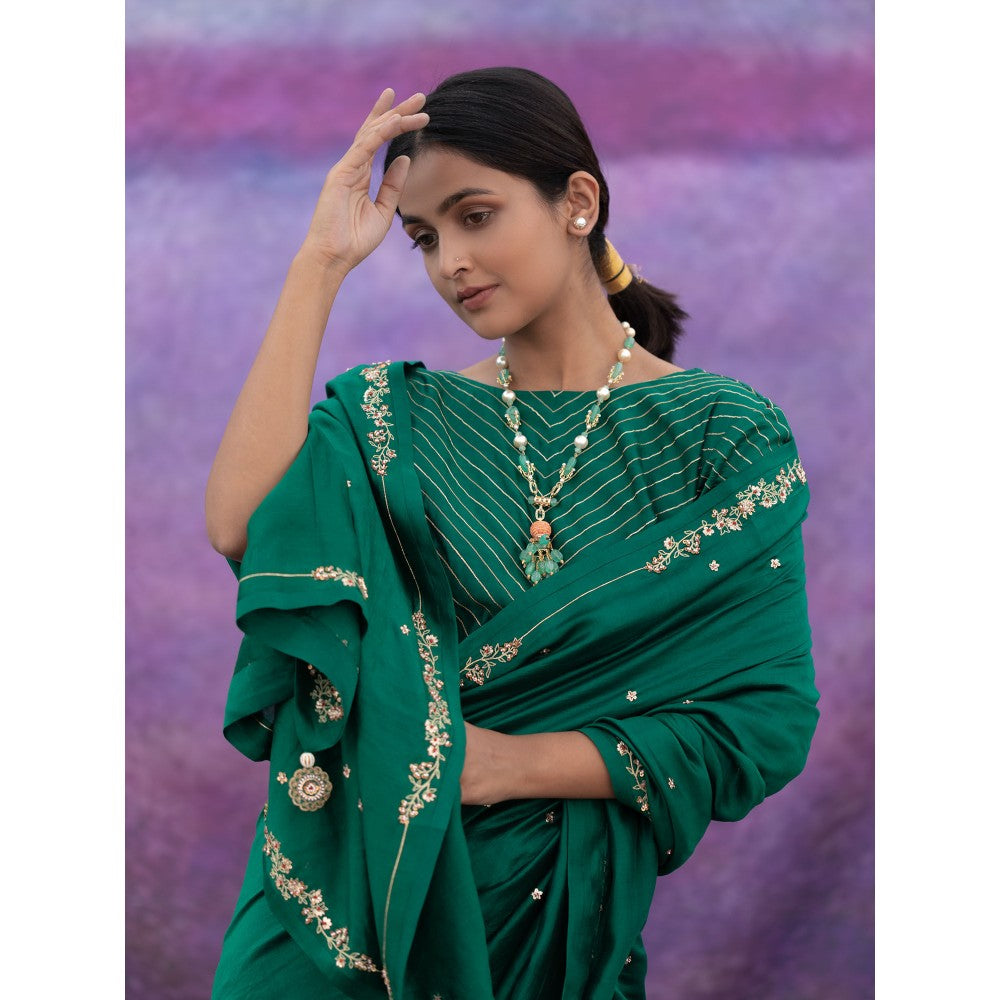 DEEPTHEE Green Signature Style Border Hand Embroidered Saree with Stitched Blouse