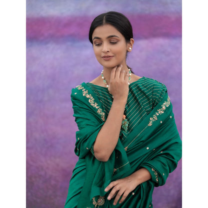 DEEPTHEE Green Signature Style Border Hand Embroidered Saree with Stitched Blouse