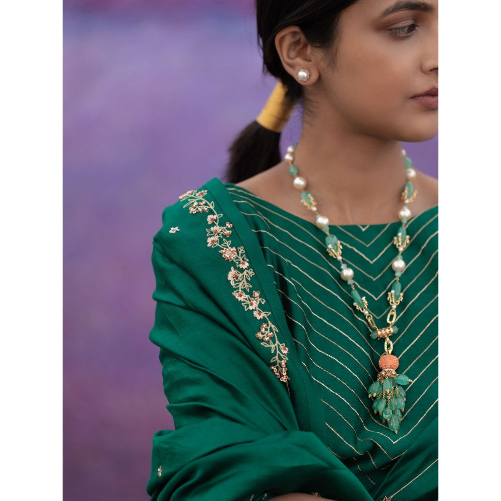 DEEPTHEE Green Signature Style Border Hand Embroidered Saree with Stitched Blouse