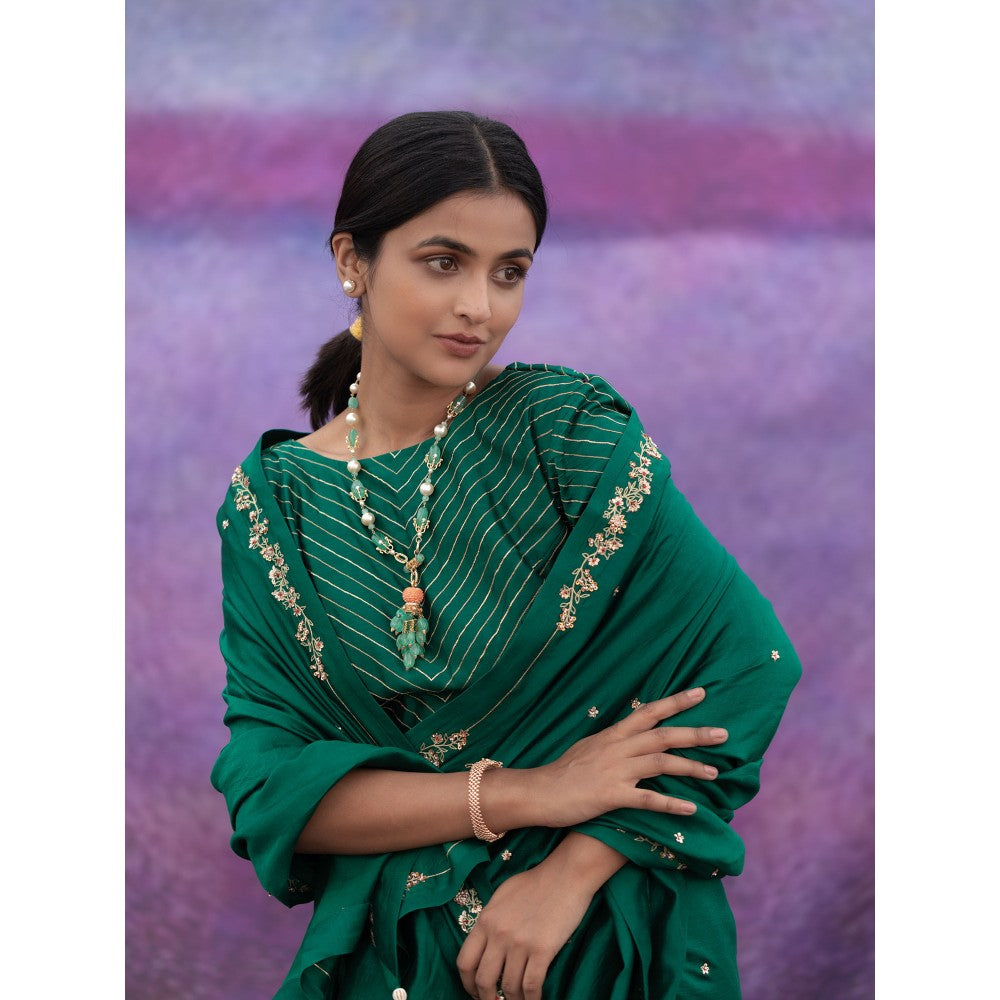 DEEPTHEE Green Signature Style Border Hand Embroidered Saree with Stitched Blouse