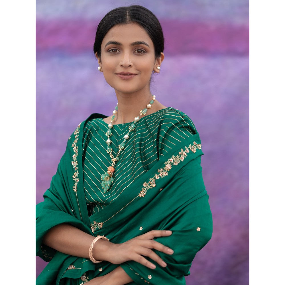 DEEPTHEE Green Signature Style Border Hand Embroidered Saree with Stitched Blouse