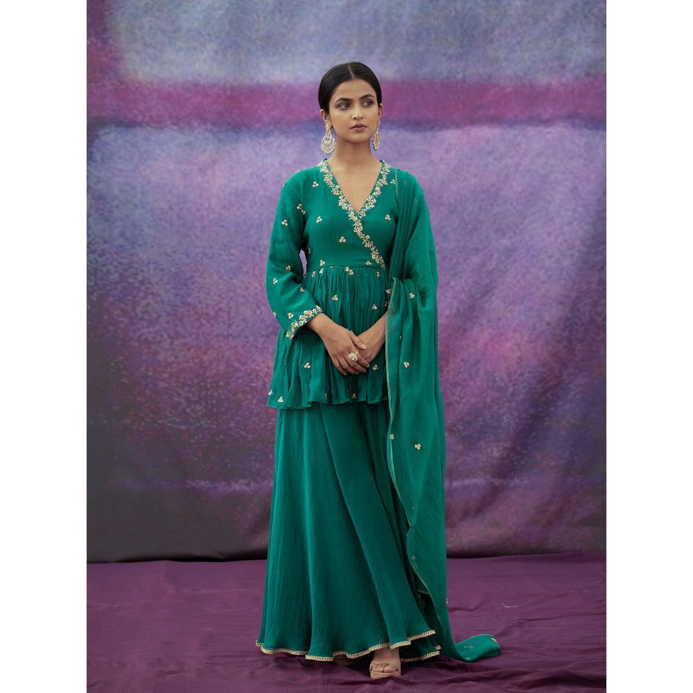 DEEPTHEE Green Jaal & Phool Hand Short Angarkha Kurti & Sharara with Dupatta (Set of 3)