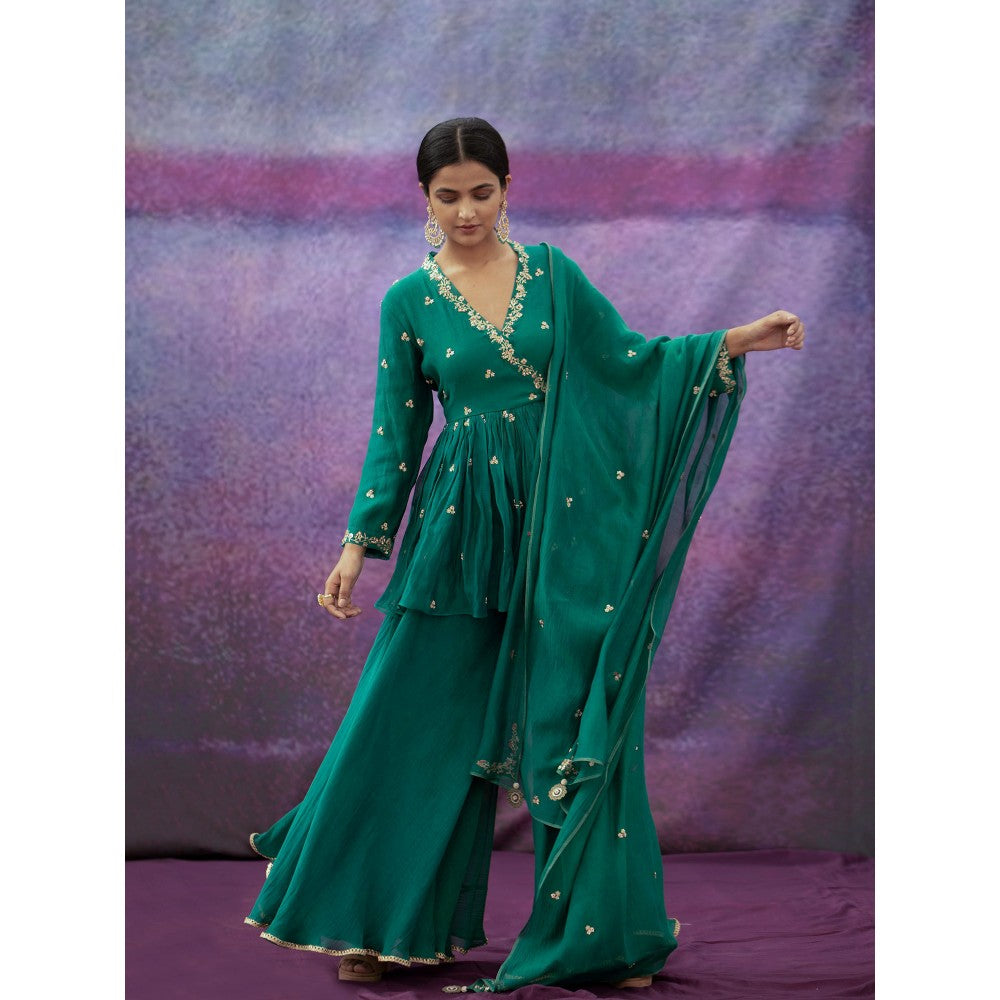 DEEPTHEE Green Jaal & Phool Hand Short Angarkha Kurti & Sharara with Dupatta (Set of 3)