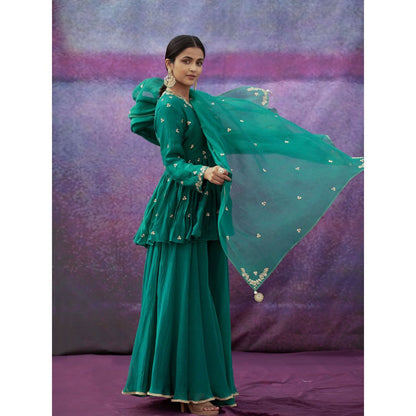 DEEPTHEE Green Jaal & Phool Hand Short Angarkha Kurti & Sharara with Dupatta (Set of 3)