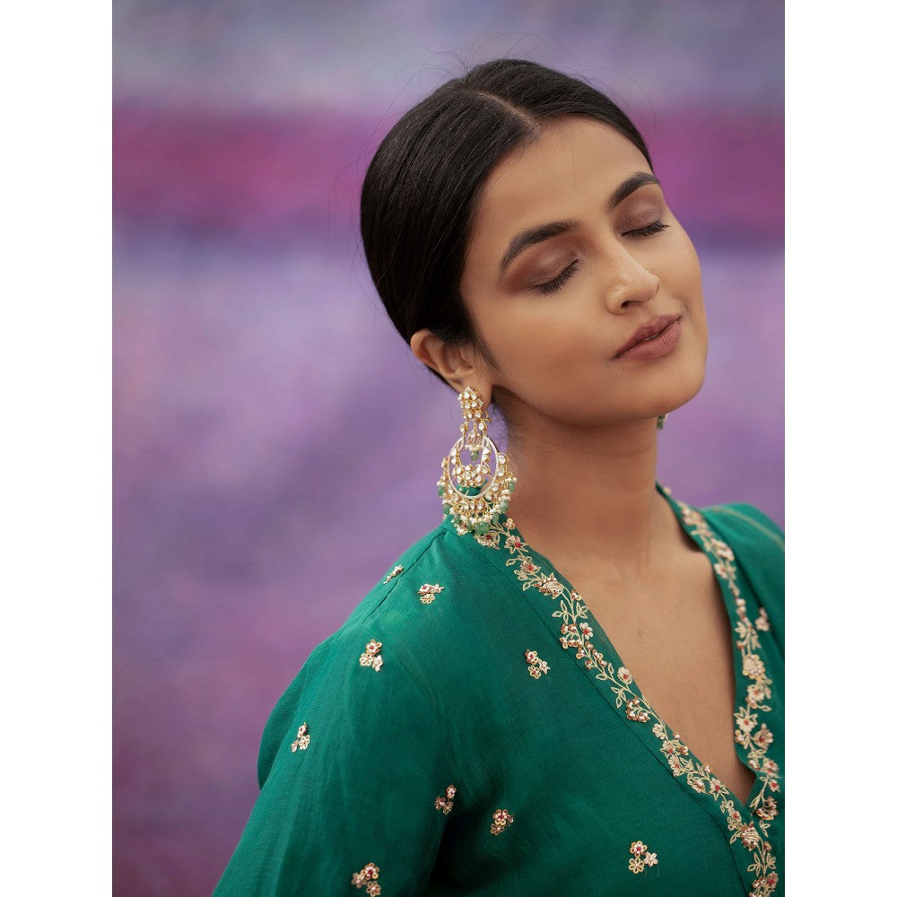 DEEPTHEE Green Jaal & Phool Hand Short Angarkha Kurti & Sharara with Dupatta (Set of 3)