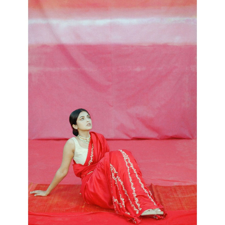 DEEPTHEE Red Hand Embroidered Saree with Stitched Blouse