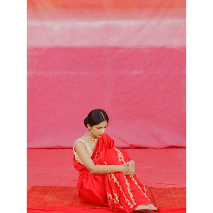 DEEPTHEE Red Hand Embroidered Saree with Stitched Blouse