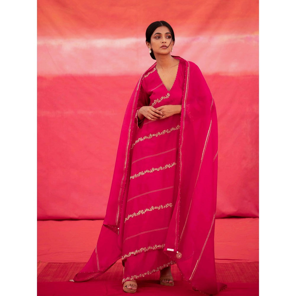 DEEPTHEE Pink Diagonally Embroidered Jaal Cross Over Kurta with Pant & Dupatta (Set of 3)