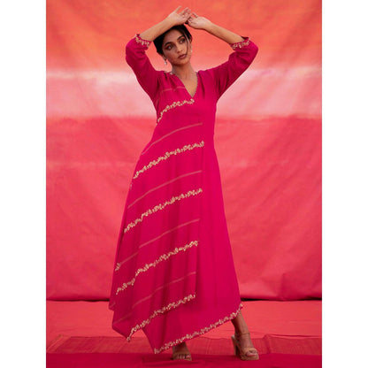 DEEPTHEE Pink Diagonally Embroidered Jaal Cross Over Kurta with Pant & Dupatta (Set of 3)