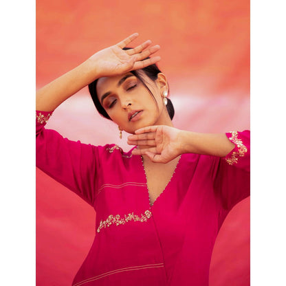 DEEPTHEE Pink Diagonally Embroidered Jaal Cross Over Kurta with Pant & Dupatta (Set of 3)