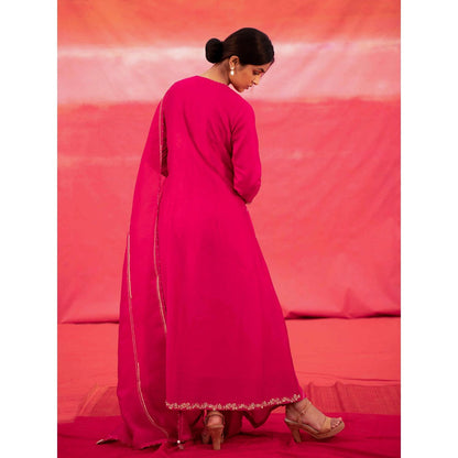 DEEPTHEE Pink Diagonally Embroidered Jaal Cross Over Kurta with Pant & Dupatta (Set of 3)