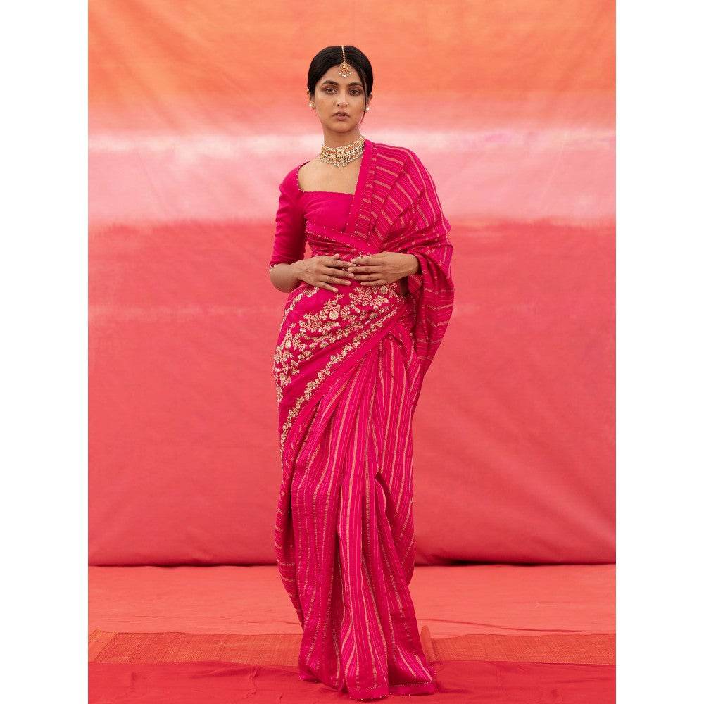 DEEPTHEE Pink Striped Silk Saree with Stitched Blouse