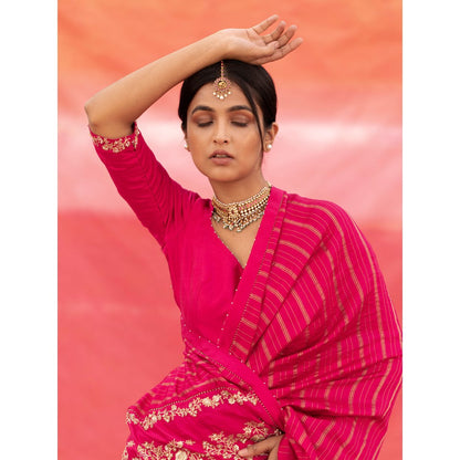 DEEPTHEE Pink Striped Silk Saree with Stitched Blouse