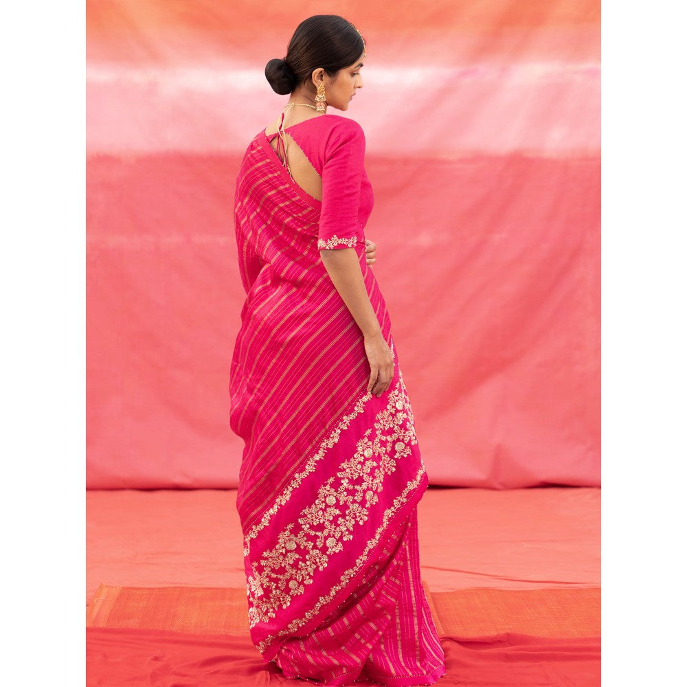 DEEPTHEE Pink Striped Silk Saree with Stitched Blouse