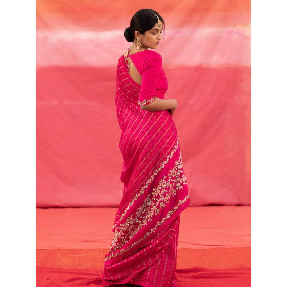 DEEPTHEE Pink Striped Silk Saree with Stitched Blouse