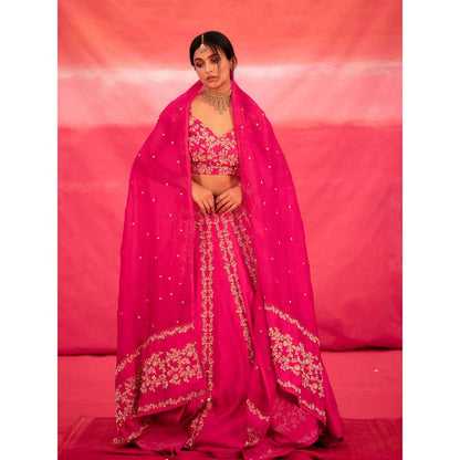DEEPTHEE Pink Hand Embroidered Kali Lehenga with Blouse & Dupatta (Set of 3)