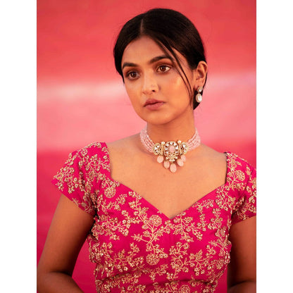 DEEPTHEE Pink Hand Embroidered Kali Lehenga with Blouse & Dupatta (Set of 3)