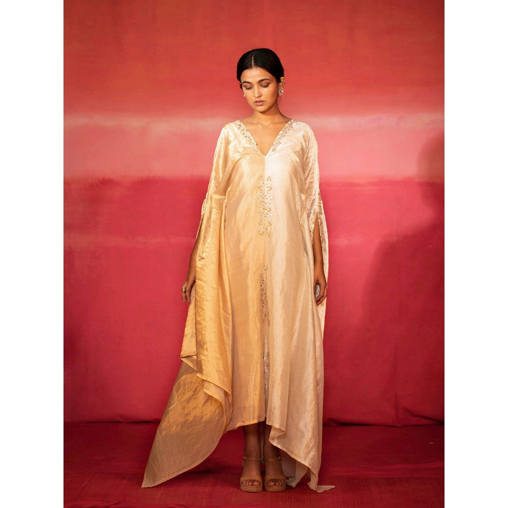 DEEPTHEE Half and Half Metallic Hand Embroidered Kaftan Dress