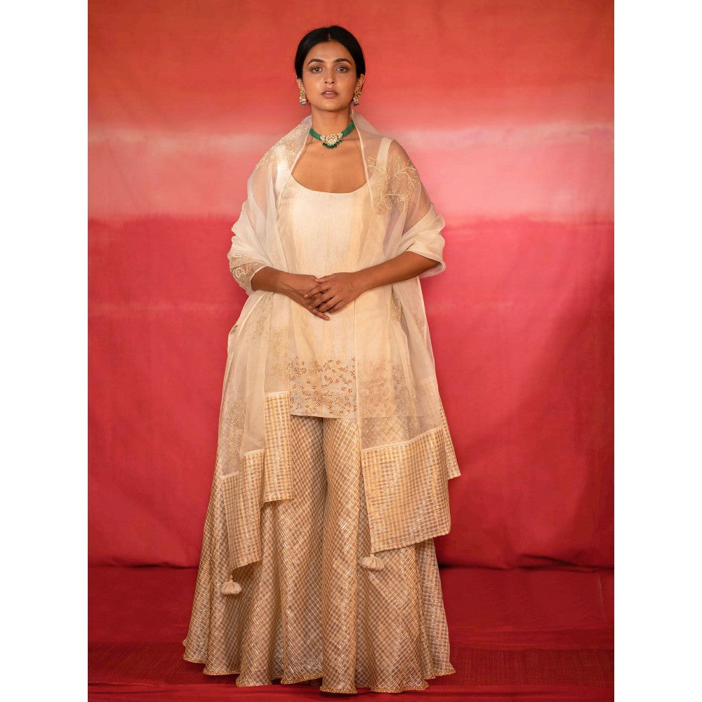 DEEPTHEE Metallic Jaal Hand Embroidered Short Kurti & Sharara with Dupatta (Set of 3)