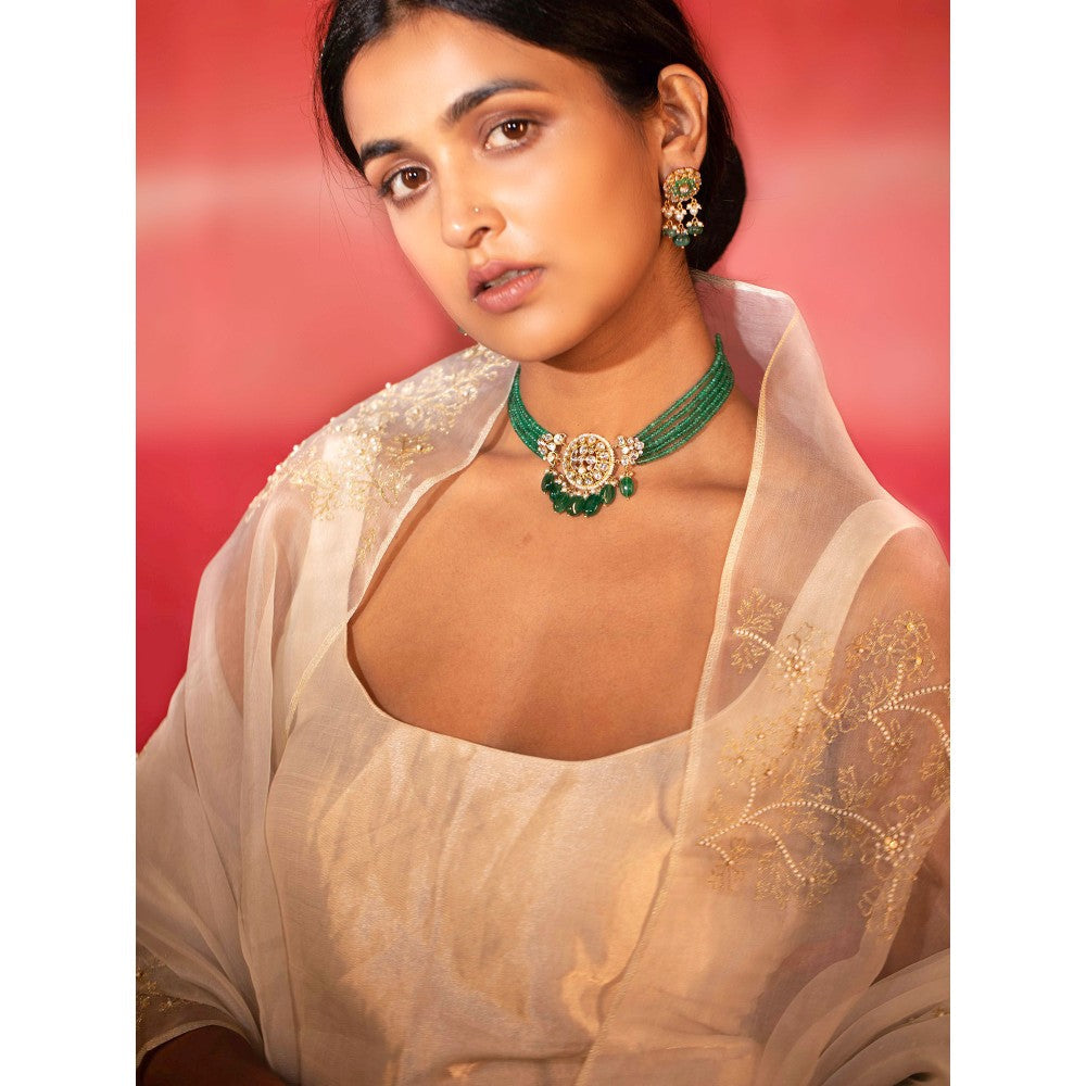 DEEPTHEE Metallic Jaal Hand Embroidered Short Kurti & Sharara with Dupatta (Set of 3)