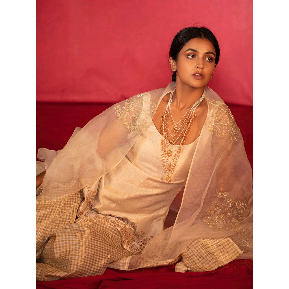 DEEPTHEE Metallic Jaal Hand Embroidered Short Kurti & Sharara with Dupatta (Set of 3)