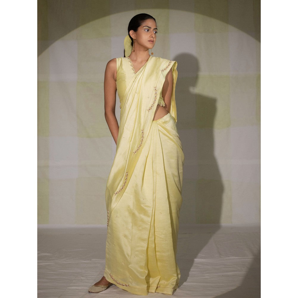 DEEPTHEE Lemon Yellow Silk Saree with Stitched Blouse