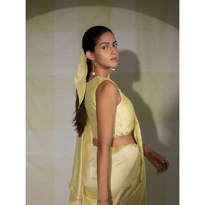DEEPTHEE Lemon Yellow Silk Saree with Stitched Blouse