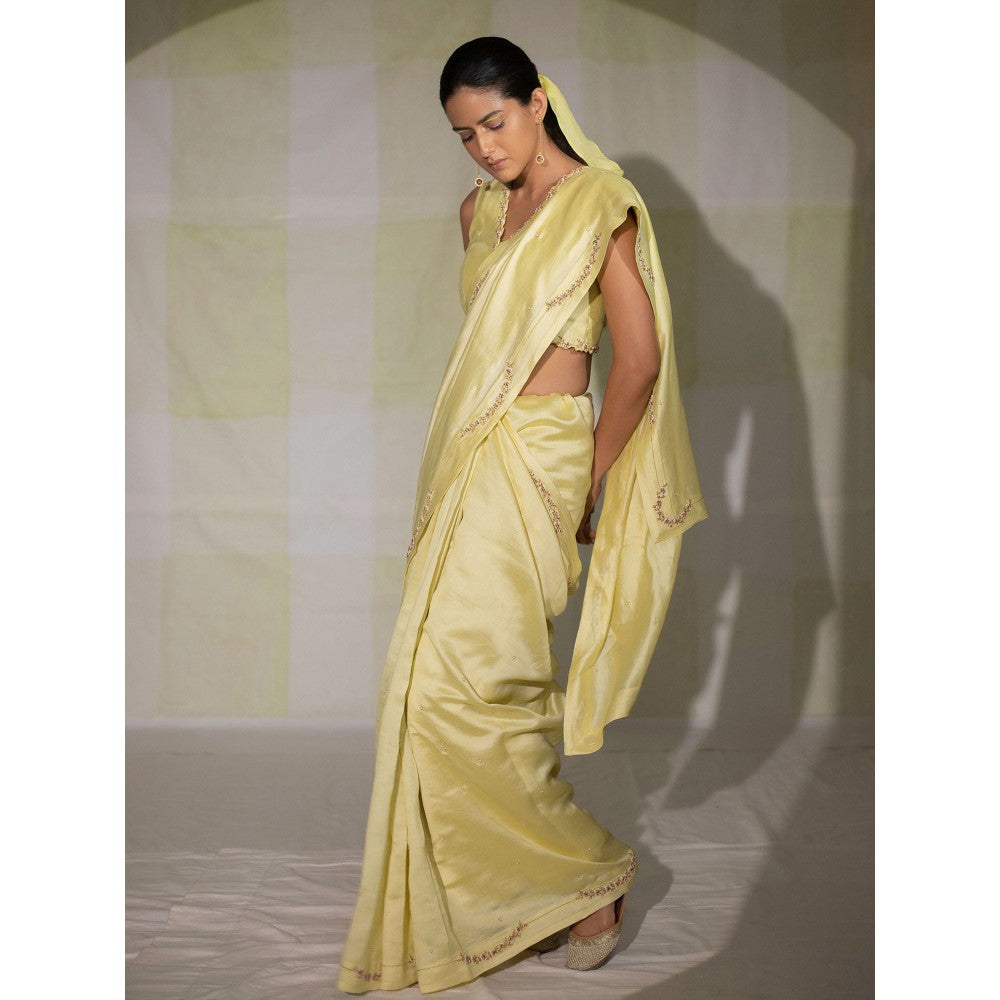 DEEPTHEE Lemon Yellow Silk Saree with Stitched Blouse
