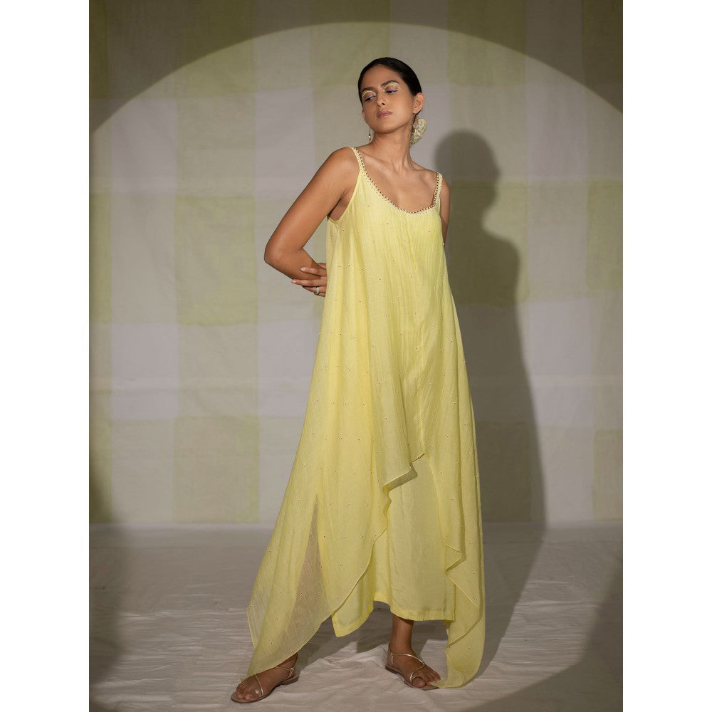 DEEPTHEE Lemon Yellow Hand Embroidered Slip Dress