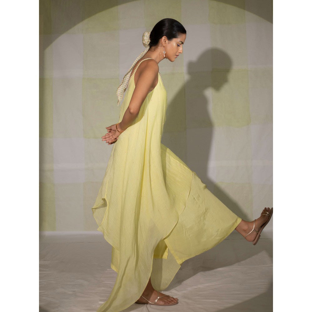 DEEPTHEE Lemon Yellow Hand Embroidered Slip Dress