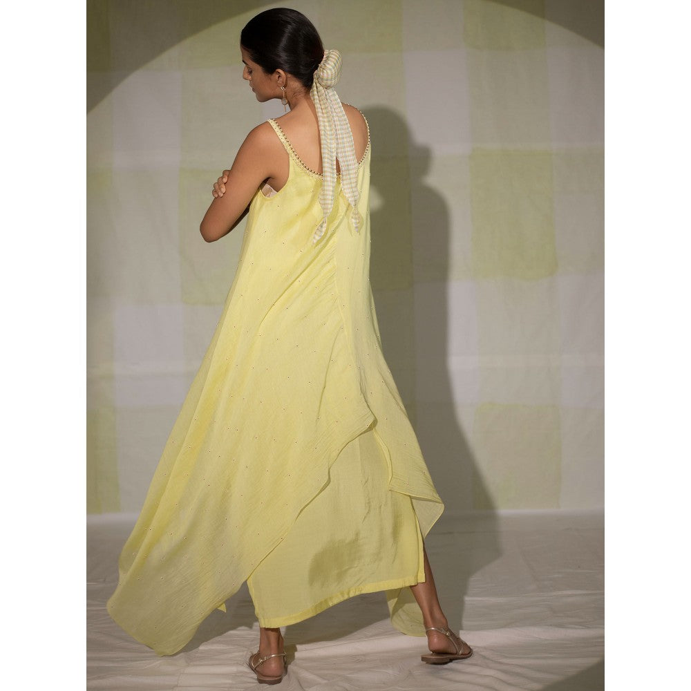 DEEPTHEE Lemon Yellow Hand Embroidered Slip Dress
