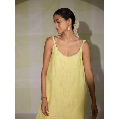 DEEPTHEE Lemon Yellow Hand Embroidered Slip Dress