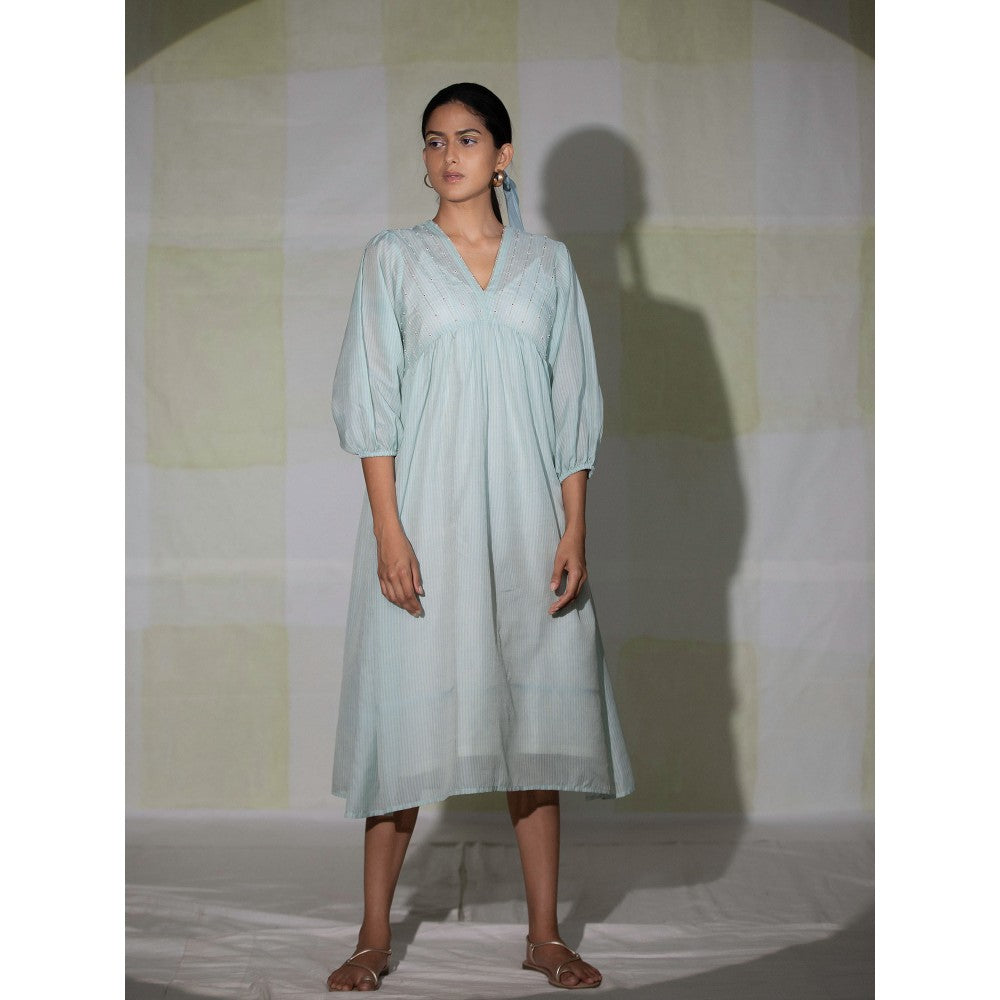 DEEPTHEE Icy Blue Hand Embroidered Gathered Dress