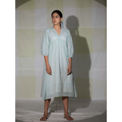 DEEPTHEE Icy Blue Hand Embroidered Gathered Dress