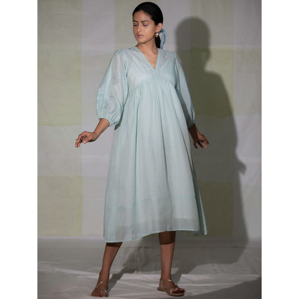 DEEPTHEE Icy Blue Hand Embroidered Gathered Dress
