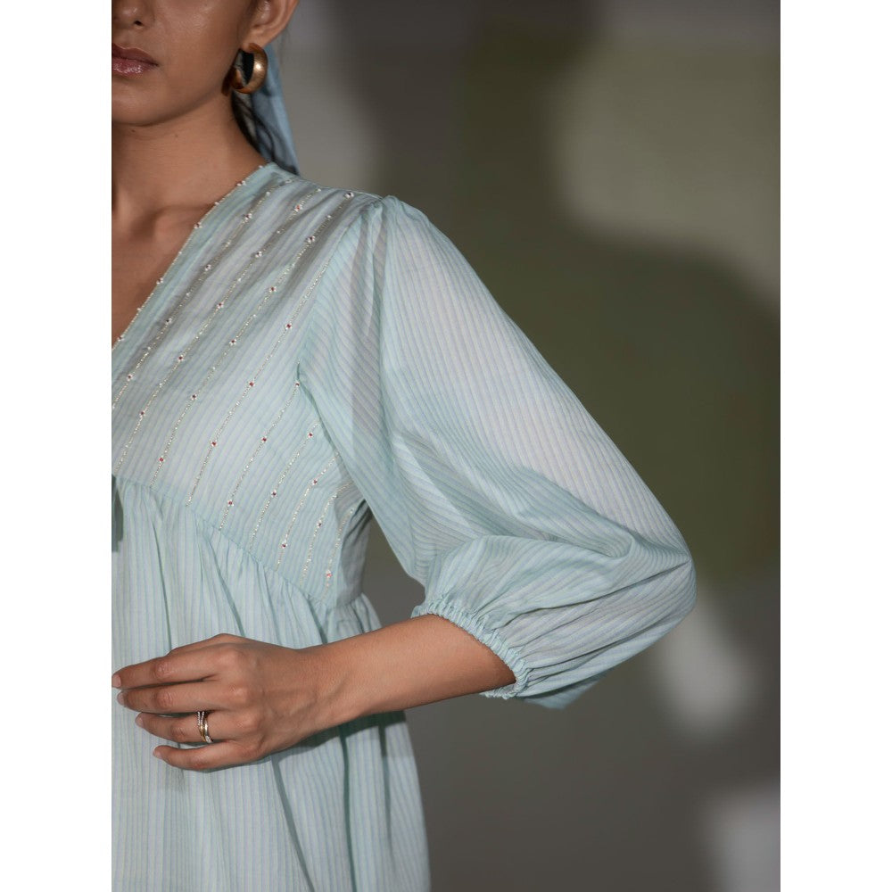 DEEPTHEE Icy Blue Hand Embroidered Gathered Dress
