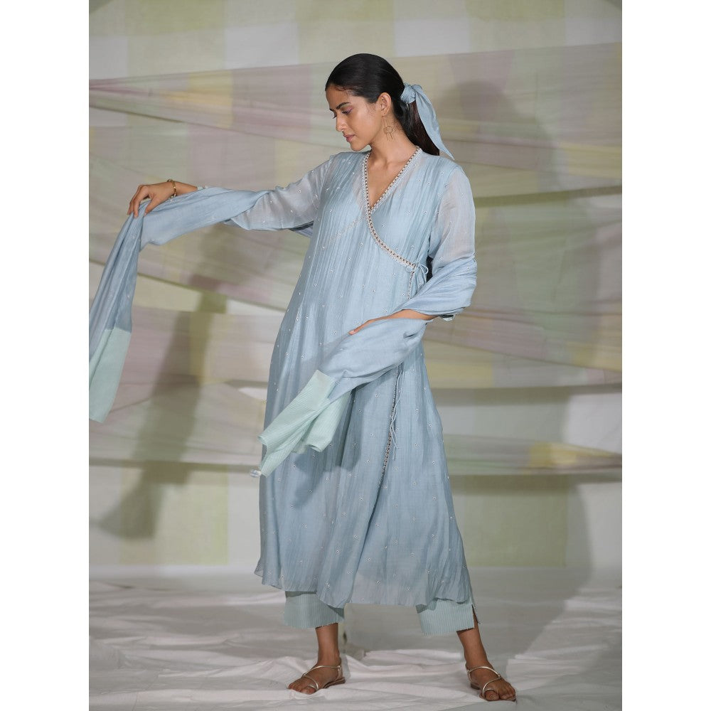 DEEPTHEE Icy Blue Hand Embroidered Kali Angrakha Kurta with Pant & Dupatta (Set of 3)