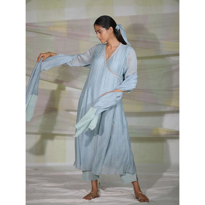 DEEPTHEE Icy Blue Hand Embroidered Kali Angrakha Kurta with Pant & Dupatta (Set of 3)