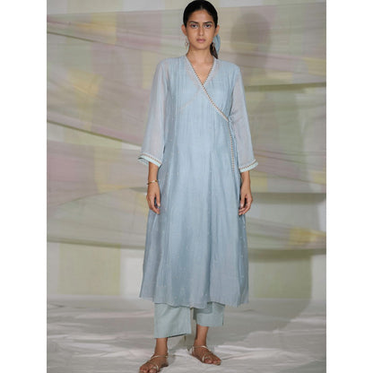 DEEPTHEE Icy Blue Hand Embroidered Kali Angrakha Kurta with Pant & Dupatta (Set of 3)