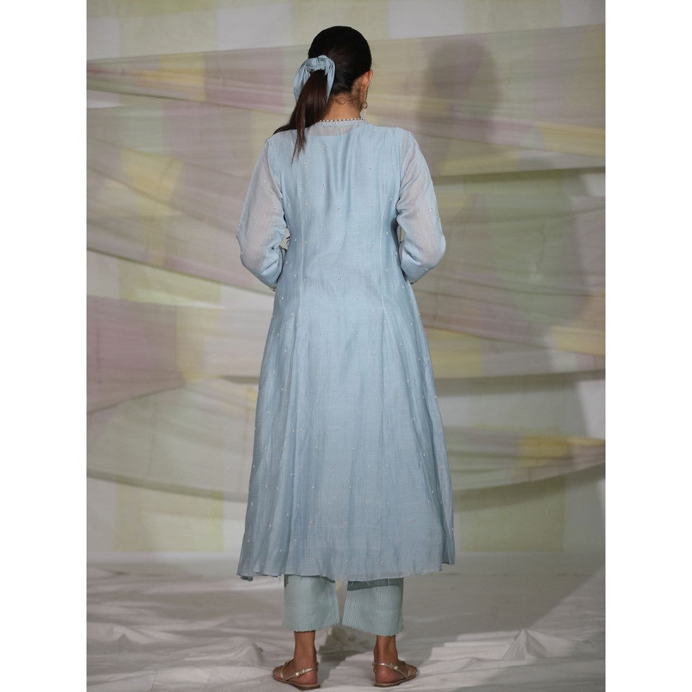 DEEPTHEE Icy Blue Hand Embroidered Kali Angrakha Kurta with Pant & Dupatta (Set of 3)