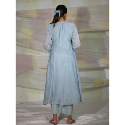 DEEPTHEE Icy Blue Hand Embroidered Kali Angrakha Kurta with Pant & Dupatta (Set of 3)