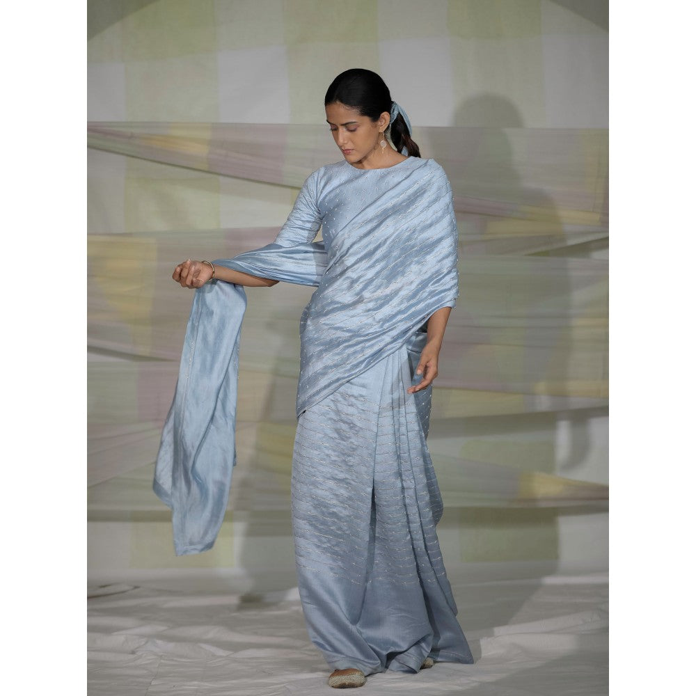 DEEPTHEE Icy Blue Hand Embroidered A Line Saree with Stitched Blouse